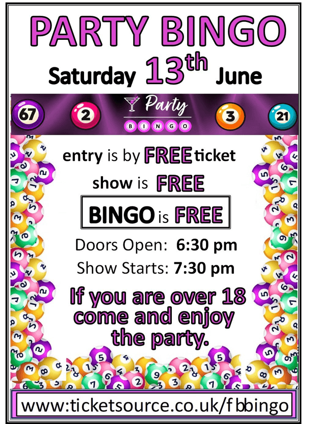Party Bingo poster 13/6/26 7.30pm
