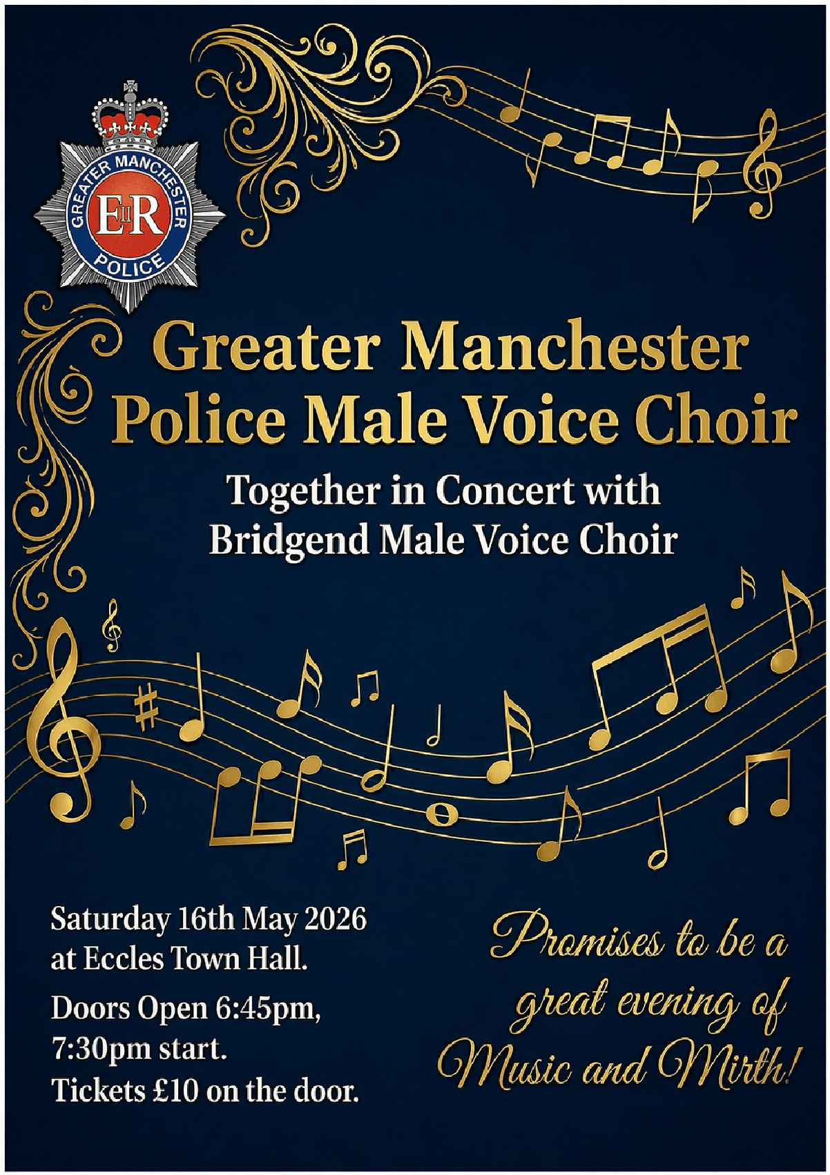 gREATER MANCHESTER POLICE mALE VOICE CHOIR POSTER 16/5/26, 7.30pm