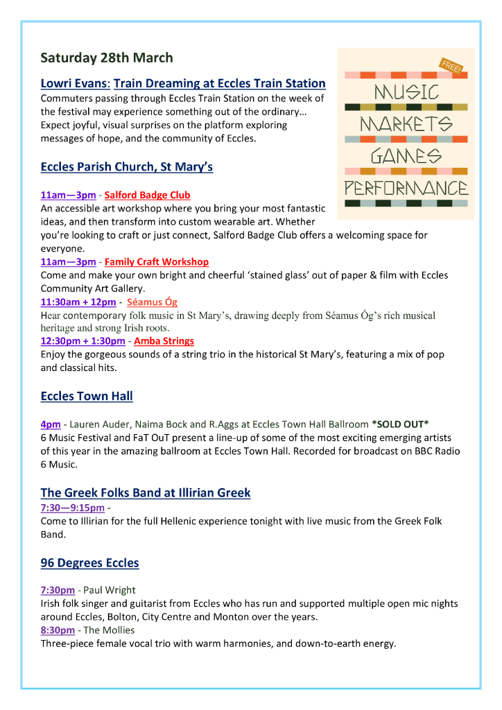 EcclesFest 28/3/26 Sat timetable.