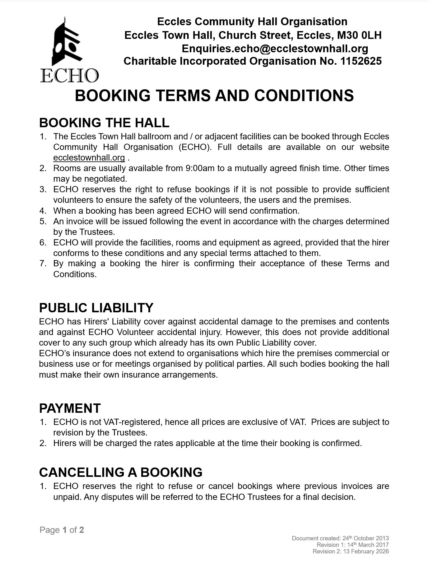 ECHO booking terms 2026 page 1